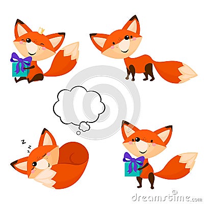 Cute cartoon foxes set. Funny foxes in different poses. Vector Illustration
