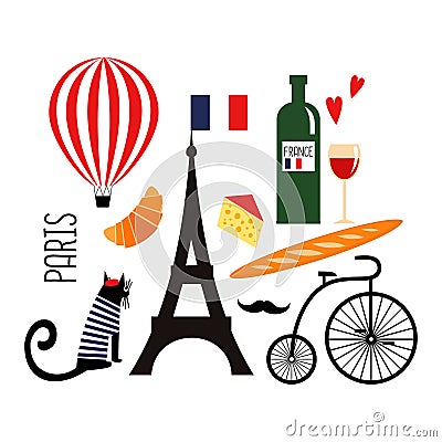 Cute cartoon french culture symbols: wine, Eiffel tower, baguette, retro bicycle, mustache, cheese. Vector Illustration