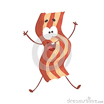 Cute cartoon fried bacon with smiley face, funny fast food character vector Illustration Vector Illustration