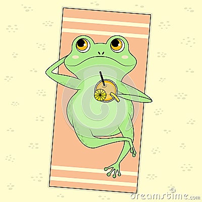 Cute cartoon frog character lying on a beach, sunbathing and drinking cocktail, top view. Summer vector illustration Cartoon Illustration
