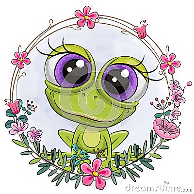 Cute cartoon Frog with a flower wreath Vector Illustration