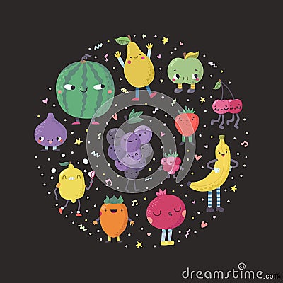 Cute cartoon fruits circle illustration. Vector Illustration