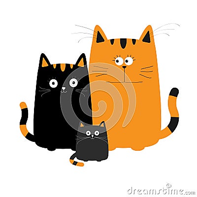 Cute cartoon funny cat family. Mother, father and baby boy kitten. Vector Illustration