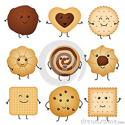 Cute cartoon funny cookies, bakery characters vector collection Vector Illustration