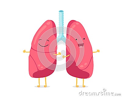 Cute cartoon funny lungs character. Strong smiling lung. Human respiratory system happy internal organ mascot. Healthy Vector Illustration