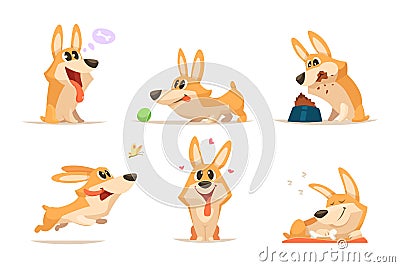 Cute cartoon funny puppy. Vector animal. Dog in various action poses Vector Illustration