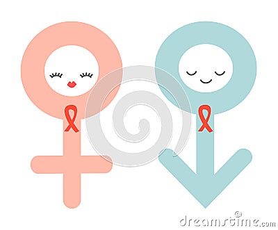 Cute cartoon gender symbols with aids red ribbon concept illustration isolated on white background Vector Illustration