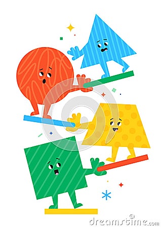 Cute cartoon geometric figures with different face emotions, circle, triangle, square and trapeze, funny poster idea for Vector Illustration
