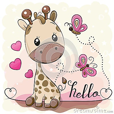 Cute Cartoon Giraffe and butterflies Vector Illustration