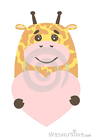 Cute cartoon animal holds a heart sign with copy space. set valentine's day Vector Illustration