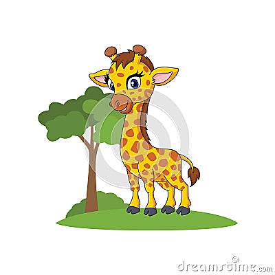 cute cartoon giraffe with a sweet smile near the tree Stock Photo