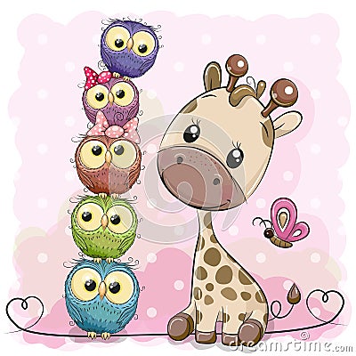 Cute Cartoon Giraffe and owls Vector Illustration