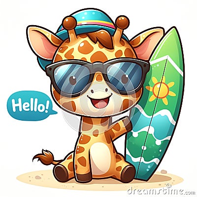 Cute cartoon giraffe wearing glasses and carrying a surfboard, isolated on a white background 1 Stock Photo