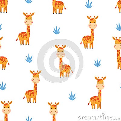 Cute cartoon giraffes seamless pattern. Vector Illustration