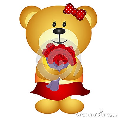 Cute Cartoon GIrl Bear Bring Bouquet of flower Vector Illustration