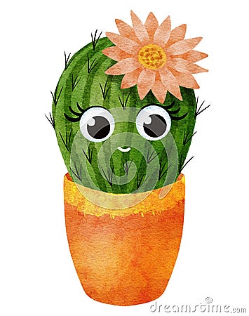 Cute cartoon girl cactus clip art illustration in flowerpot. Bright watercolor succulent with smiling face isolated on Cartoon Illustration