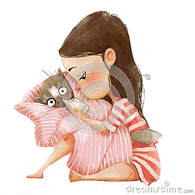 Cute cartoon girl with cat Stock Photo