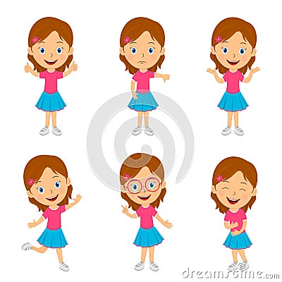 Cute cartoon girl emotions set Vector Illustration