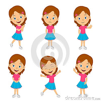 Cute cartoon girl emotions set Vector Illustration