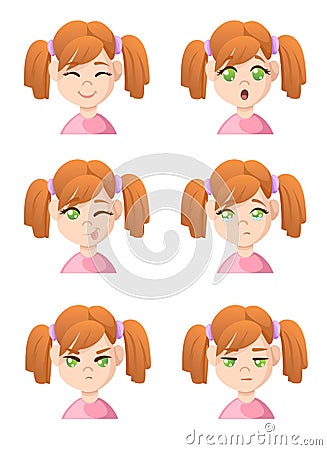 Cute cartoon girl faces showing different emotions girl emotion emoji icon set for interiors Flat design style illustration Cartoon Illustration