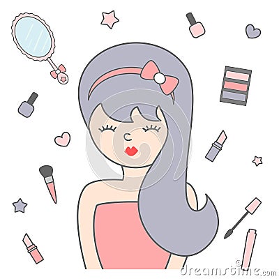 Cute cartoon girl and make up illustration Vector Illustration