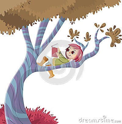 Cute cartoon girl reading book over a tree Vector Illustration