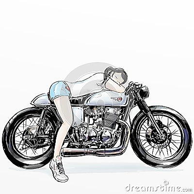 Cute cartoon girl riding motorcycle Stock Photo