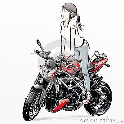 Cute cartoon girl riding motorcycle Stock Photo