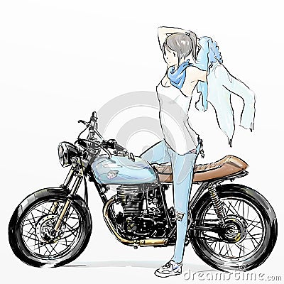 Cute cartoon girl riding motorcycle Stock Photo