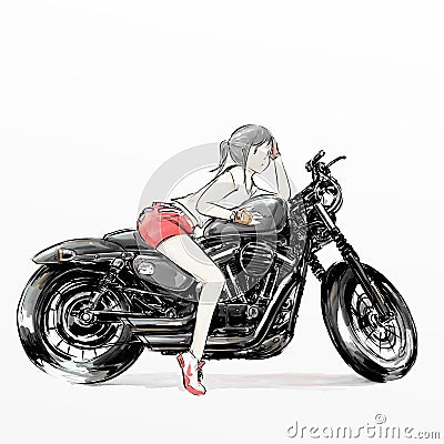 Cute cartoon girl riding motorcycle Stock Photo