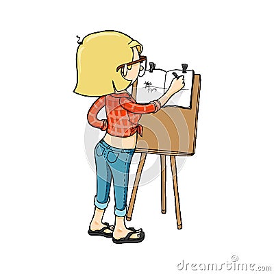 Cute cartoon girl sketching with easel and sketchbook. Vector isolated hand drawn character Stock Photo