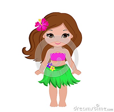 Cute cartoon girl in traditional Hawaiian dancer costume. Vector Illustration