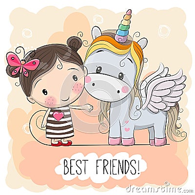 Cute Cartoon Girl and Unicorn Vector Illustration