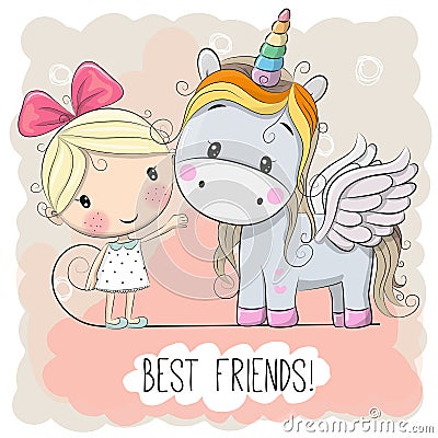 Cute Cartoon Girl and Unicorn Vector Illustration