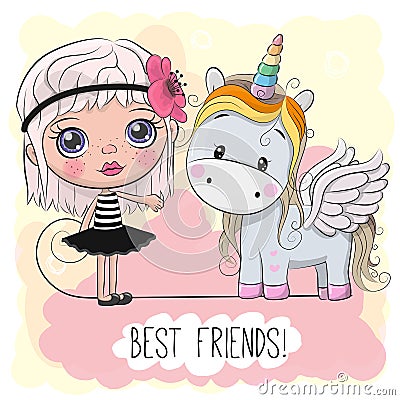 Cute Cartoon Girl and Unicorn Vector Illustration