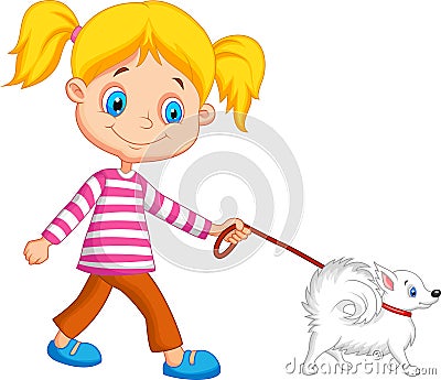 Cute cartoon girl walking with dog Vector Illustration