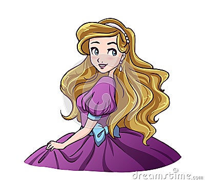 Cute cartoon girl wearing purple princess dress. Curly blonde hair. Can be used for coloring book, children games, avatar, cards Vector Illustration