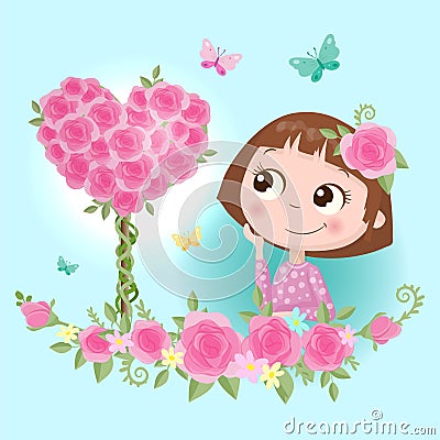 Cute cartoon girl in a wreath of roses flowers with butterflies. Vector illustration Vector Illustration