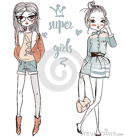 Cute cartoon girls Vector Illustration