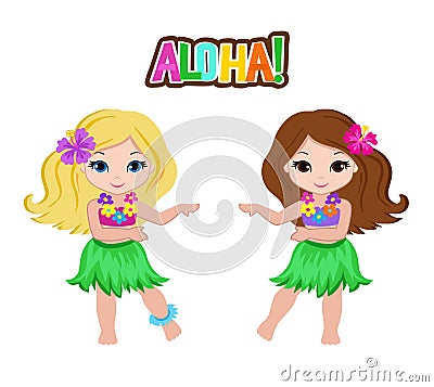 Cute cartoon girls in traditional Hawaiian dancer costume. Vector Illustration