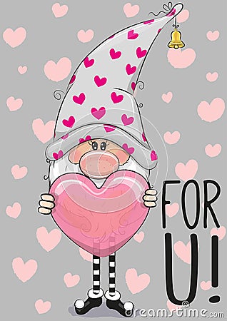 Cute Cartoon gnome with heart Vector Illustration