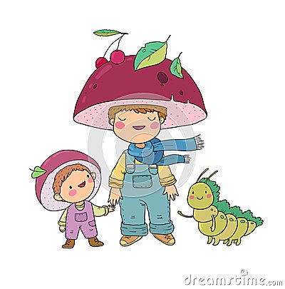 Cute cartoon gnome mushroom, his friend and caterpillar. Cheerful garden elves. Boys in carnival costumes. Vector Cartoon Illustration