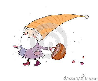 Cute cartoon gnome. Old elf with an acorn. Forest Troll. Vector Illustration