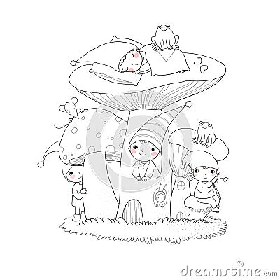 Cute cartoon gnomes, mushroom house and frog. Forest magic elves Vector Illustration