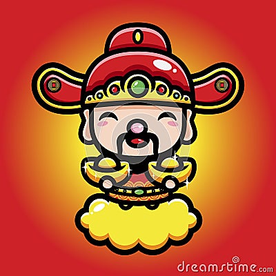 cute god of wealth cai shen cartoon character holding gold coins Vector Illustration