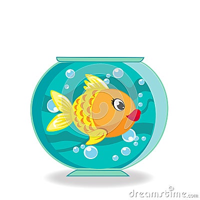 Cute cartoon goldfish in fishbowl isolated on white Vector Illustration