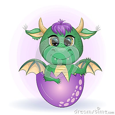 Cute cartoon green baby dragon with horns and wings. Symbol of 2024 according to the Chinese calendar. Funny mythical Vector Illustration