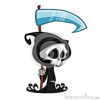 Cute cartoon grim reaper with scythe isolated on white. Cute Halloween skeleton death character icon. Stock Photo