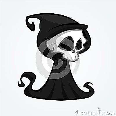 Cute cartoon grim reaper with scythe isolated on white. Cute Halloween skeleton death character icon. Outlined. Vector Illustration