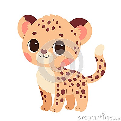 Cute cartoon guepard cheetah vector childish vector illustration in flat. For poster, greeting card and baby design. Vector Illustration